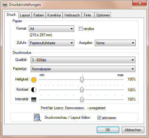 Screenshot Druckeinstellungen