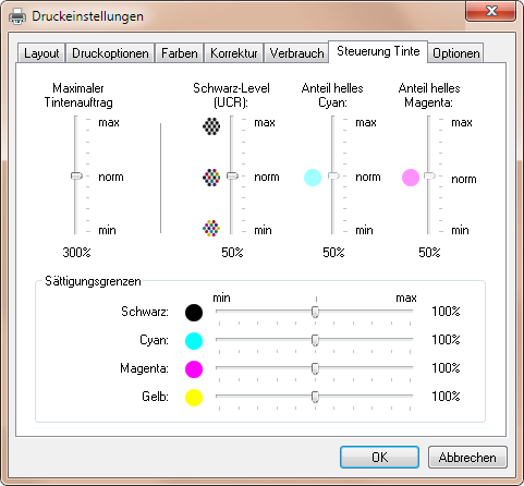 Screenshot Tinteneinstellungen