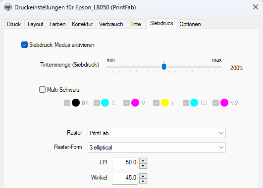 PrintFab Tinteneinstellungen